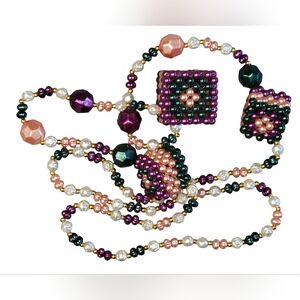 Handmade Artisan Geometric Beaded Necklace Purple & Orange